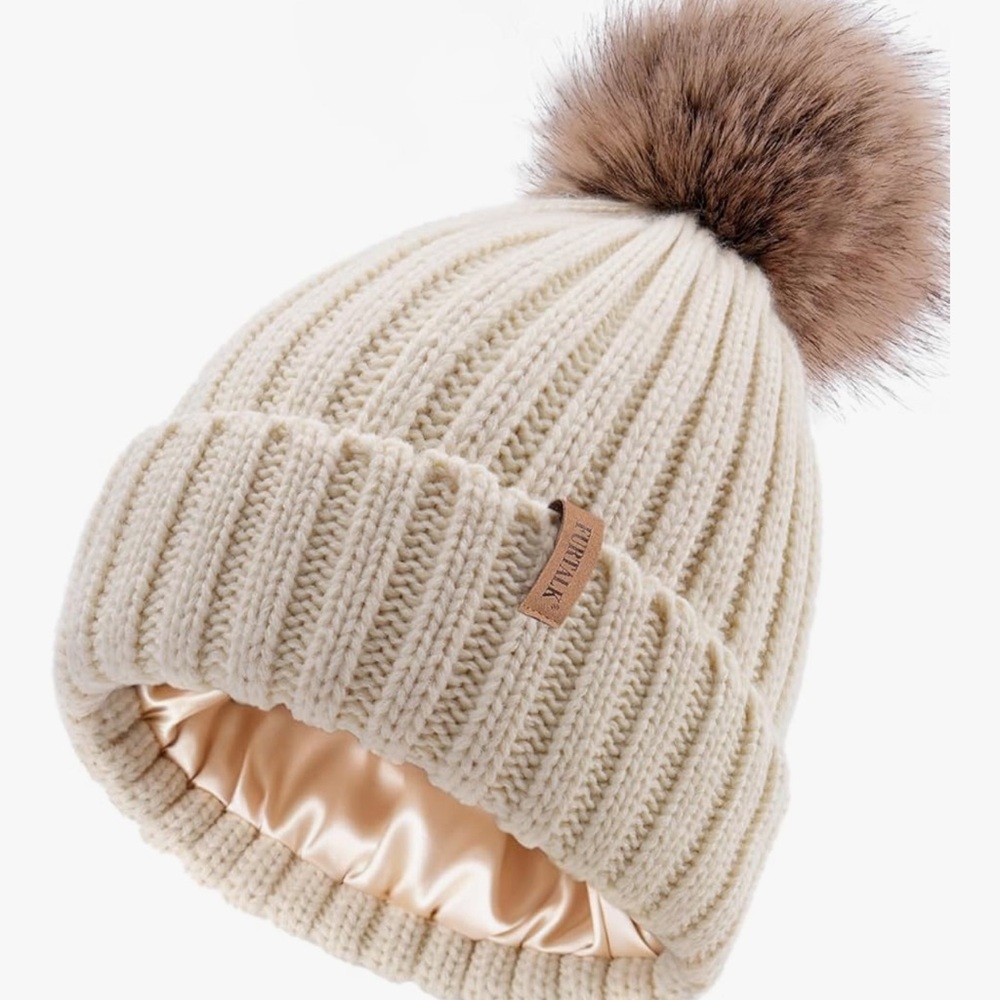 FURTALK Satin Lined Pom Pom Beanie Beige‎ Faux Fur Knit Hat New
